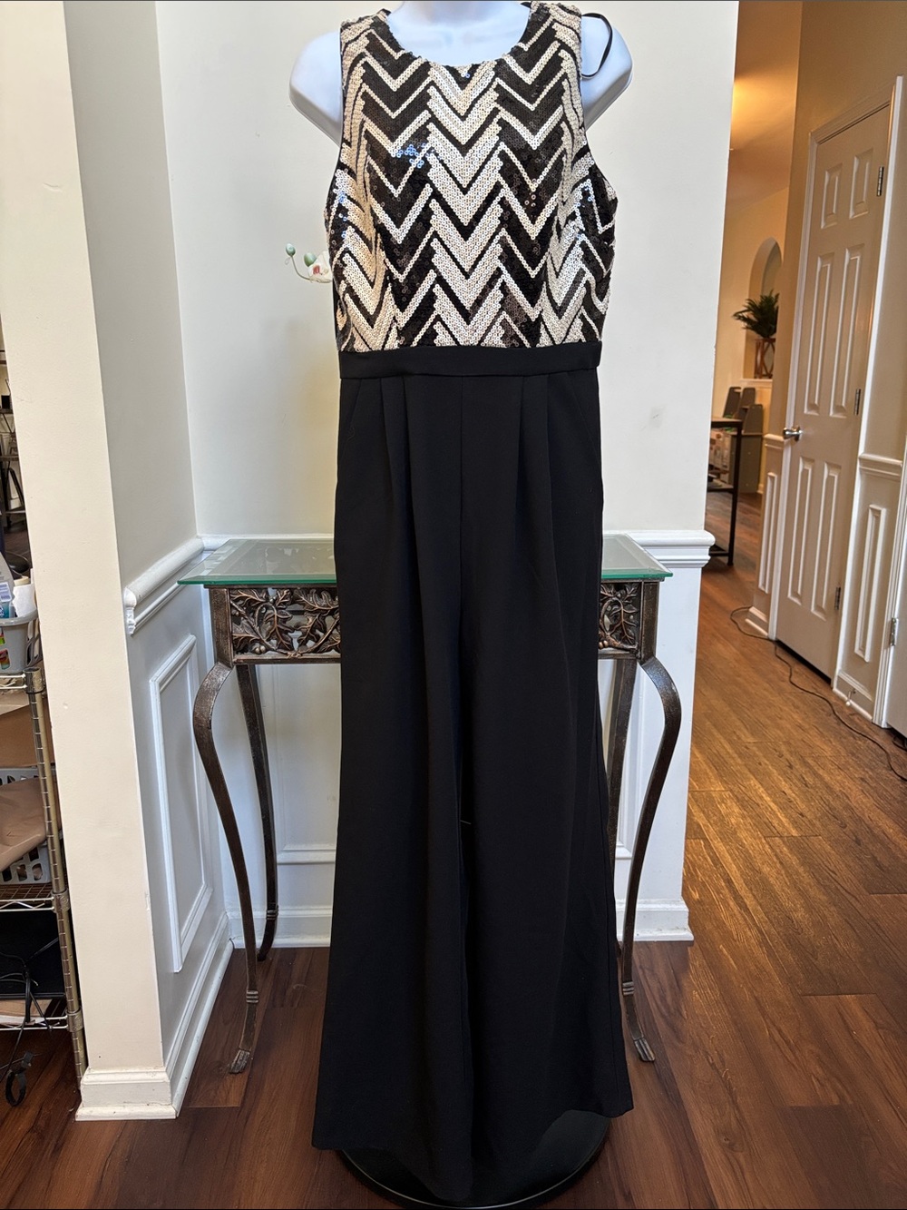 Vince Camuto Black and White Sequin Bodice Maxi Jumpsuit size 8